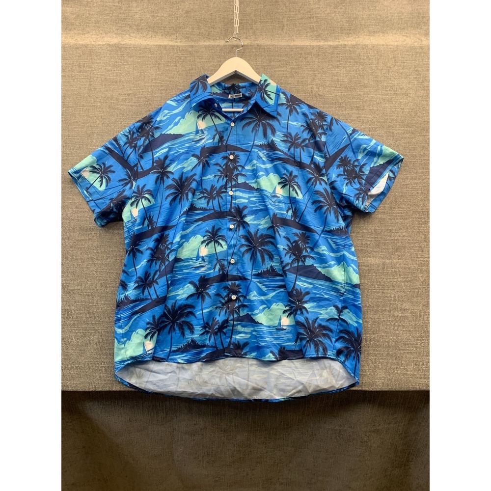 Brisira Hawaiian Shirt Mens 3XL Blue Palm Trees Island Print Tropical Button Up